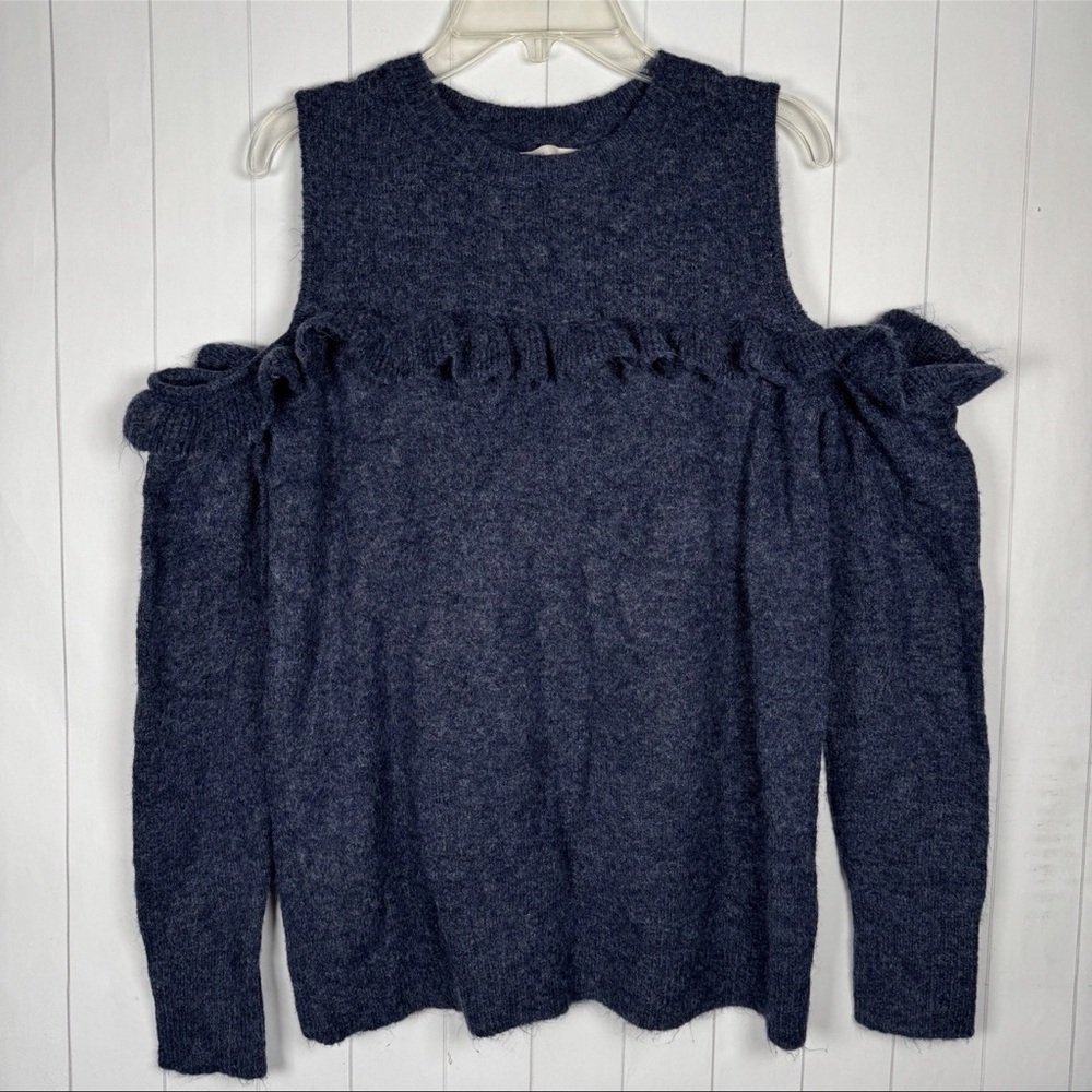 Loft Cold Shoulder Ruffle Sweater Navy Blue Fall Winter Preppy Cozy Top Small‎